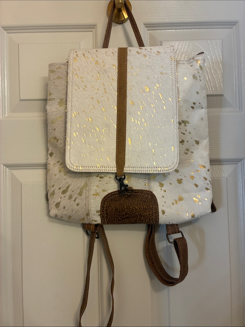 Myra Bag White Backpack With Gold Speckle And Brown Trim